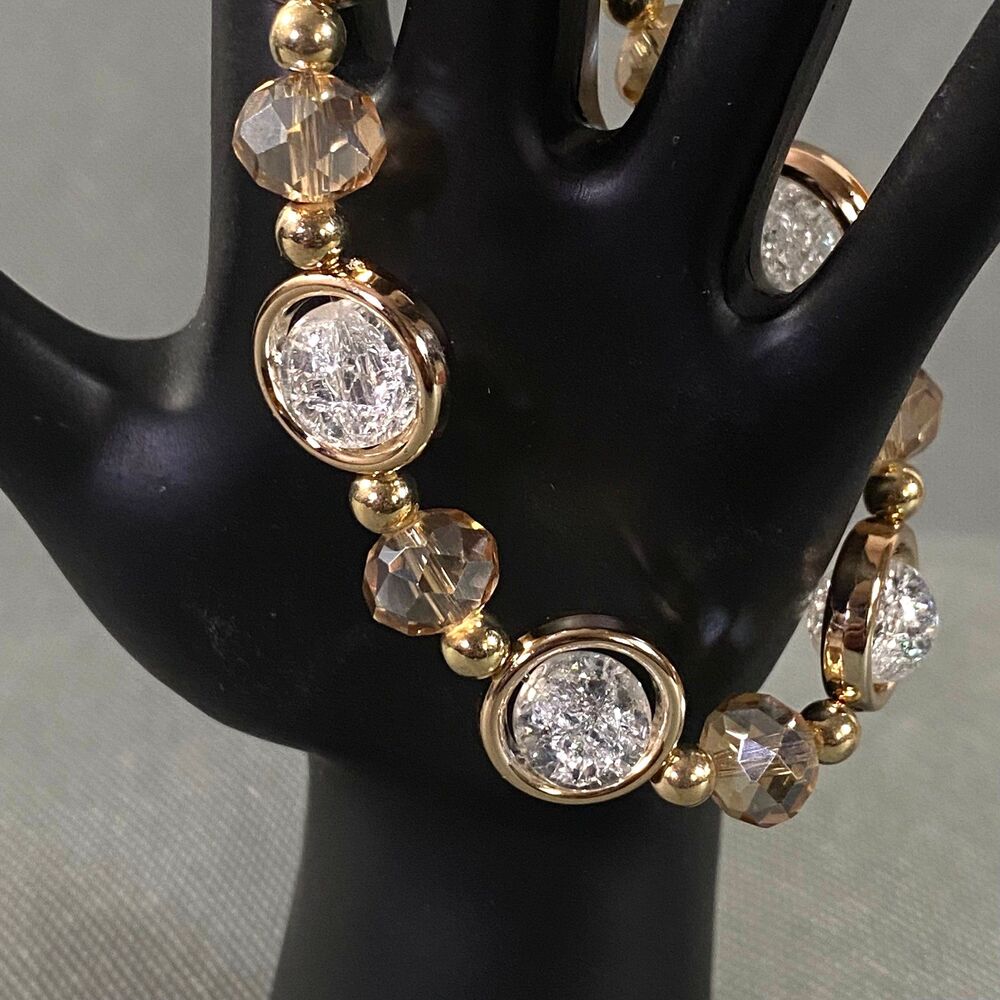 Crackled Glass Framed Beads Bracelet Clear Light Amber Gold Tone Stretch